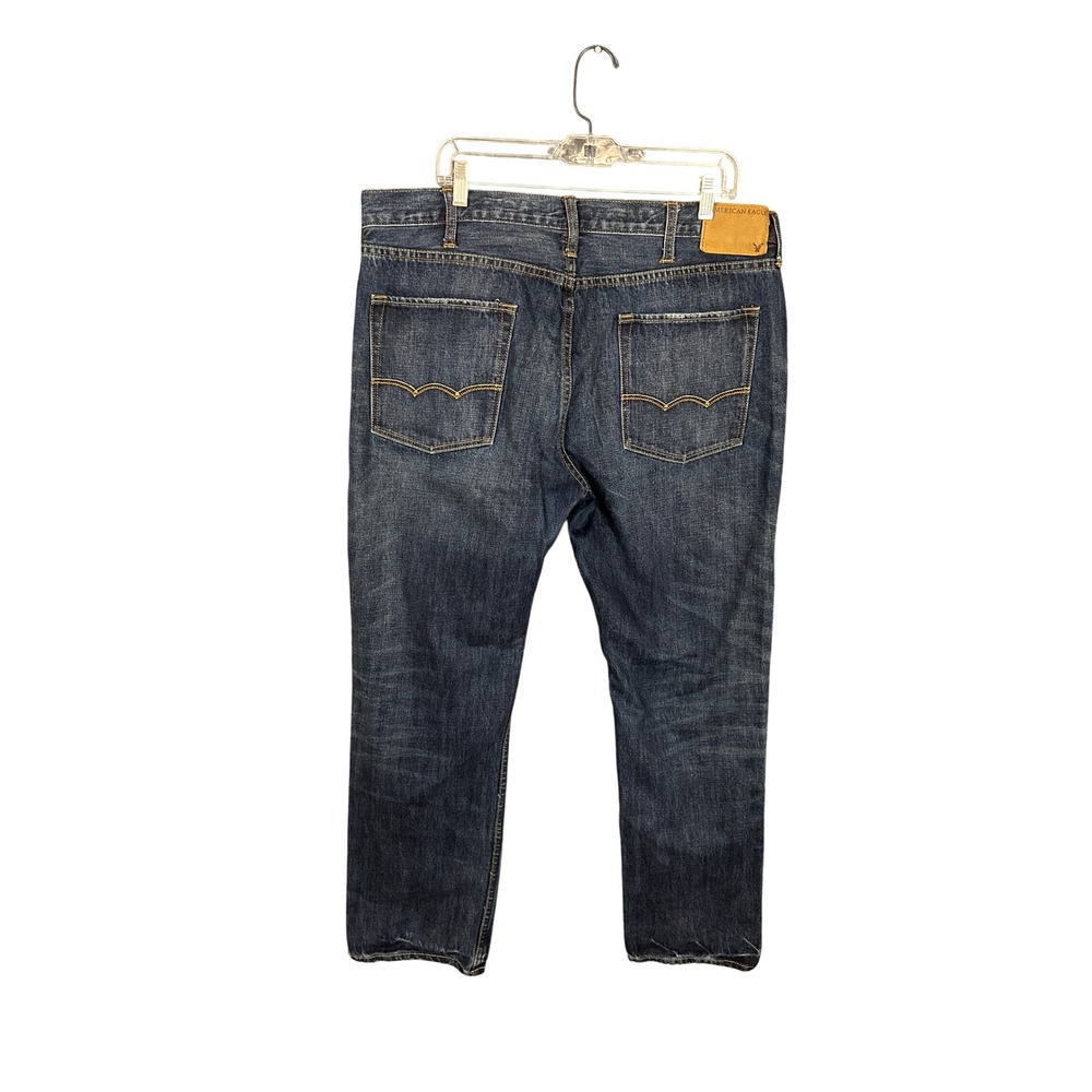 American Eagle Slim Straight Jeans Mens 38x32 Dark Wash Distressed Denim Blue - Picture 3 of 8
